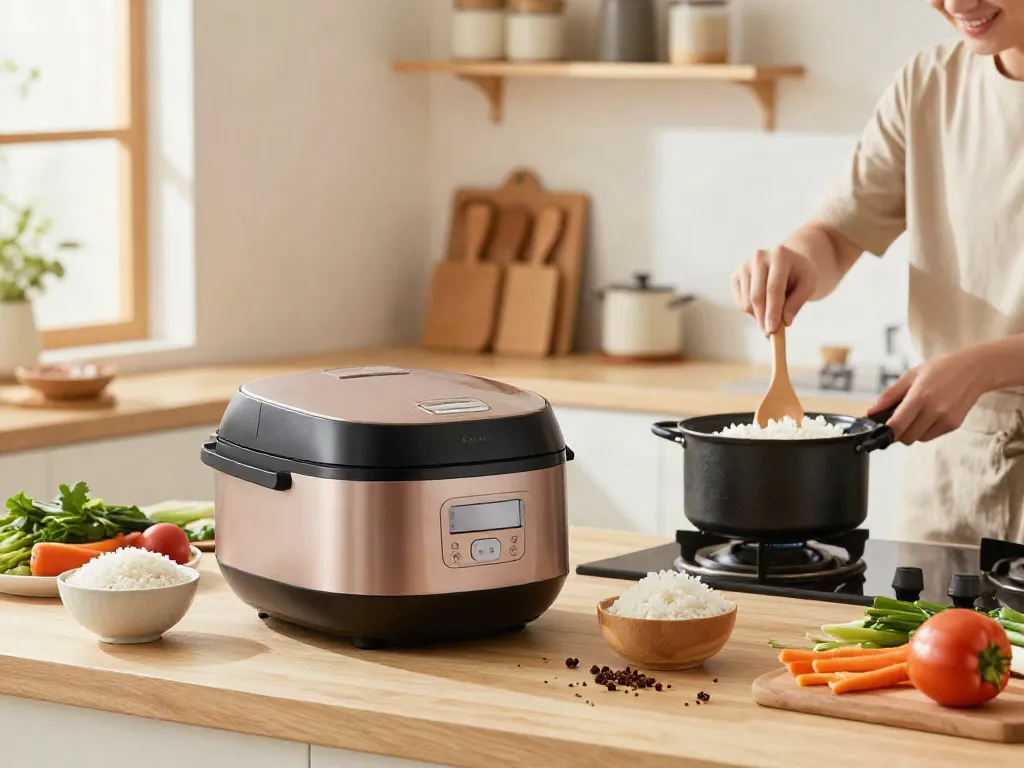 Discover Rice Cooker Price in Bangladesh with a modern kitchen setup showcasing cooking fresh rice.