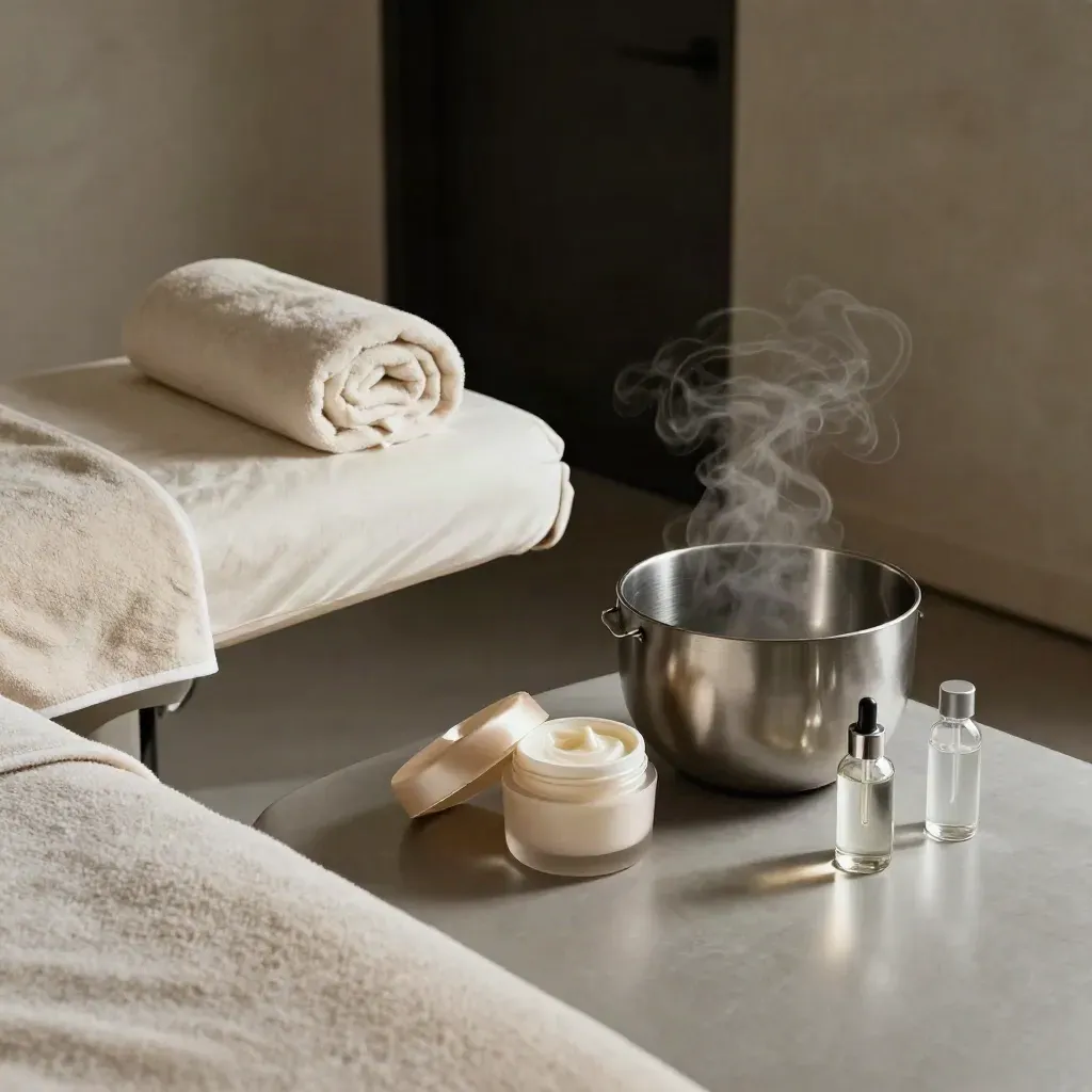 Luxury facial room with steam bowl, mask jar, serum bottles and folded towels in moody warm light.