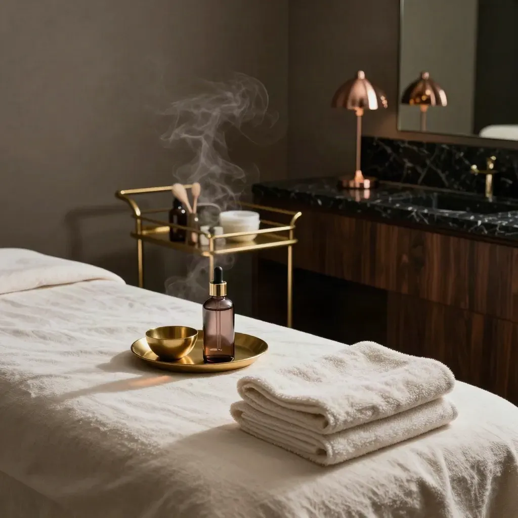Moody beauty treatment bay with linen bed, brass tray, steam, and rose-gold lamp on black marble.