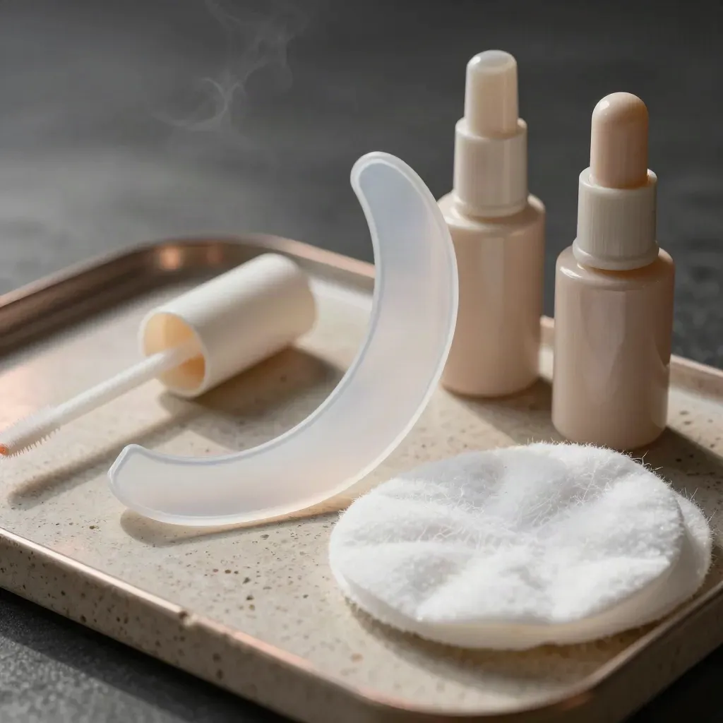 Lash lift tools on travertine: curved shield, lotion bottles, spoolie, cotton pads, soft mist