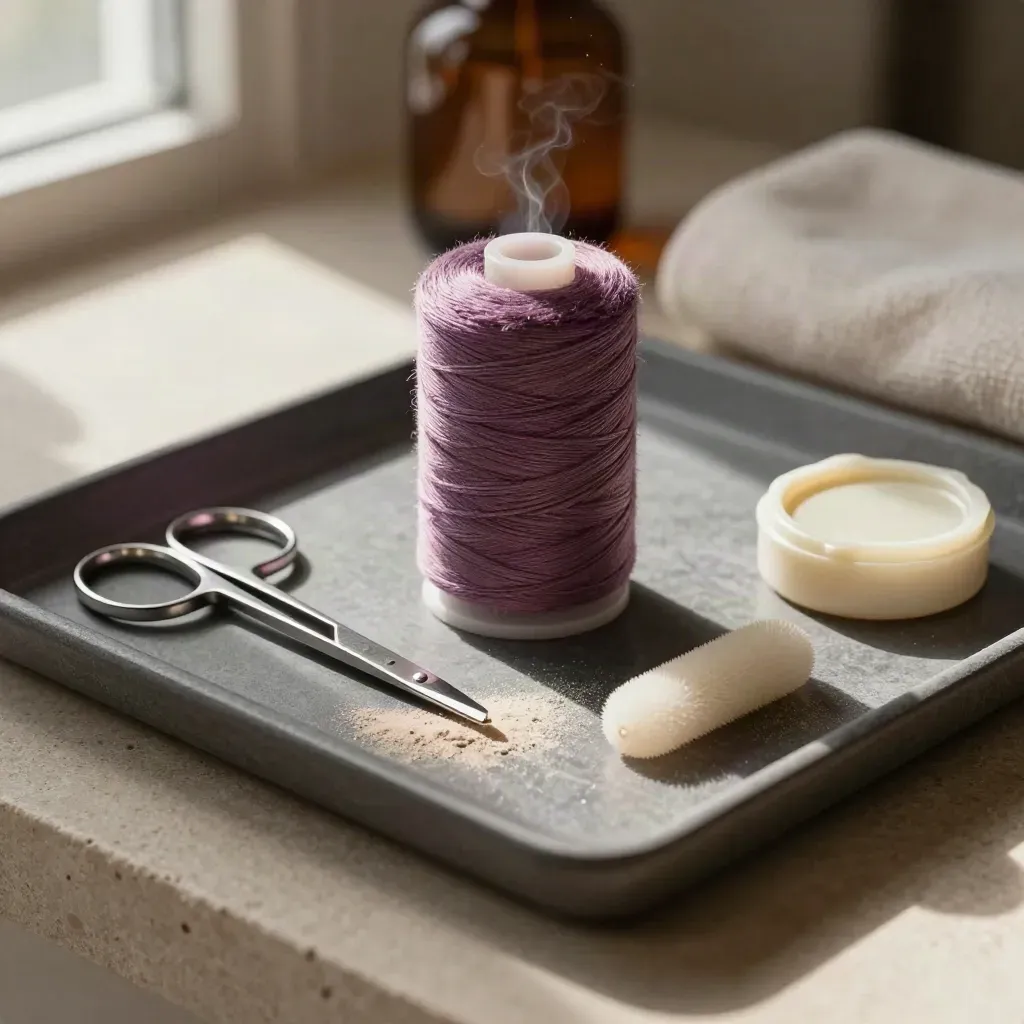 Top-down brow mapping tools on a graphite tray with plum thread, tweezers, scissors, spoolie and wax pot.