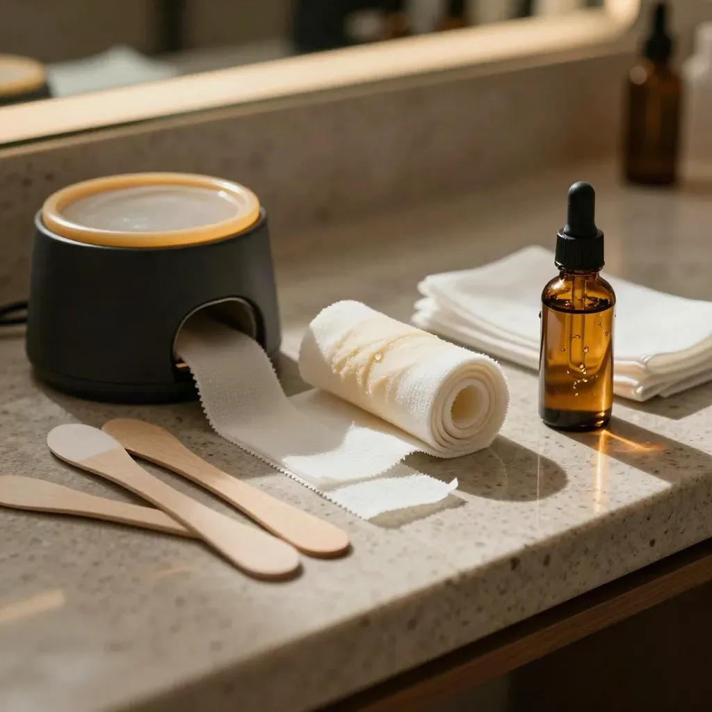 Wax warmer, spatulas, strips, oil and gauze on a stone counter in a cozy beauty studio.