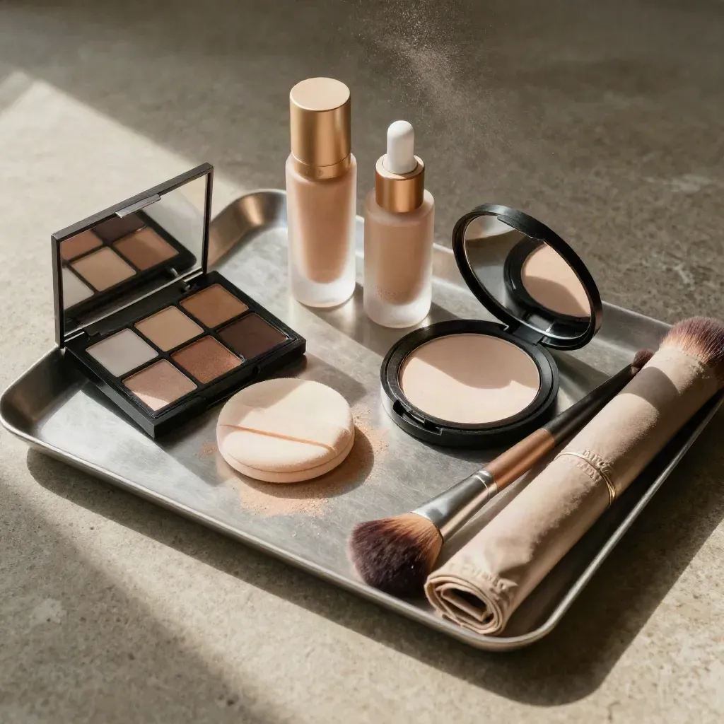 Top-down makeup still-life with compact, brushes, powder puff, palette, and foundation bottles