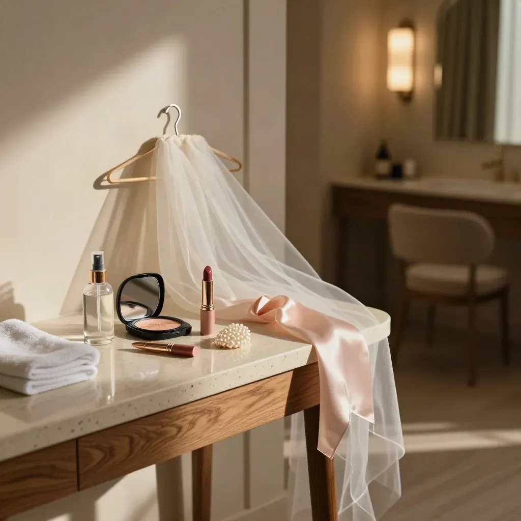 Bridal makeup kit on a hotel console with spray, powder, lipstick, pearl comb and veil hanger.