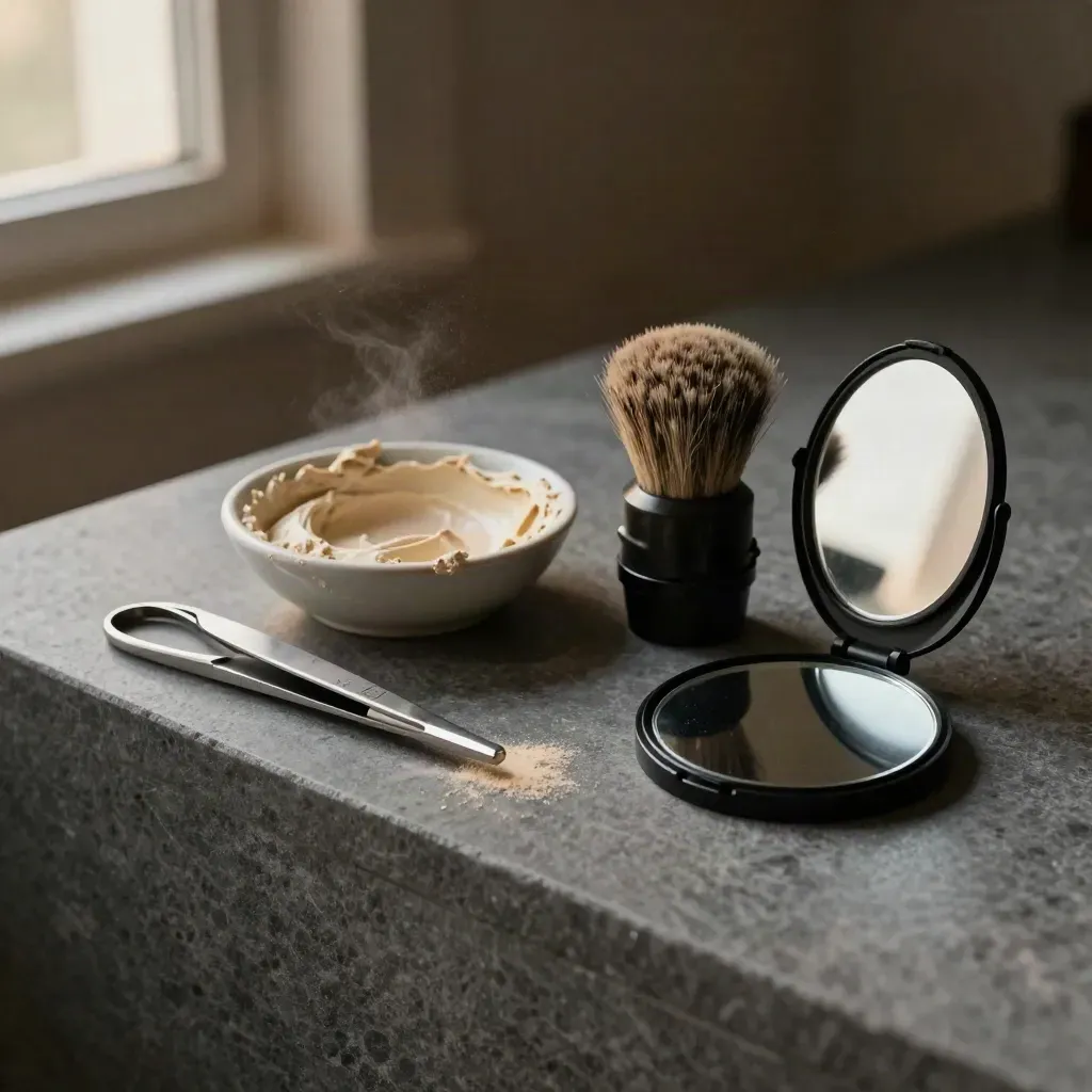 Brow tools and a mirror on a stone ledge in warm late-afternoon light.