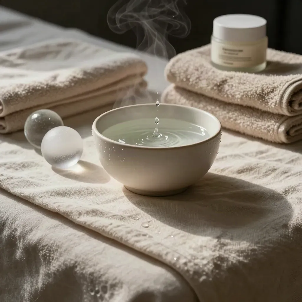 Hydrating facial bowl, chilled globes, towels and cream jar on a spa bed