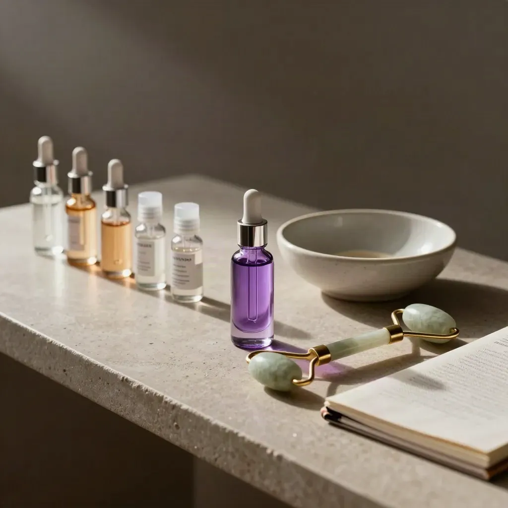 Skincare serums, vials, jade roller and mixing bowl on a stone desk in moody studio light