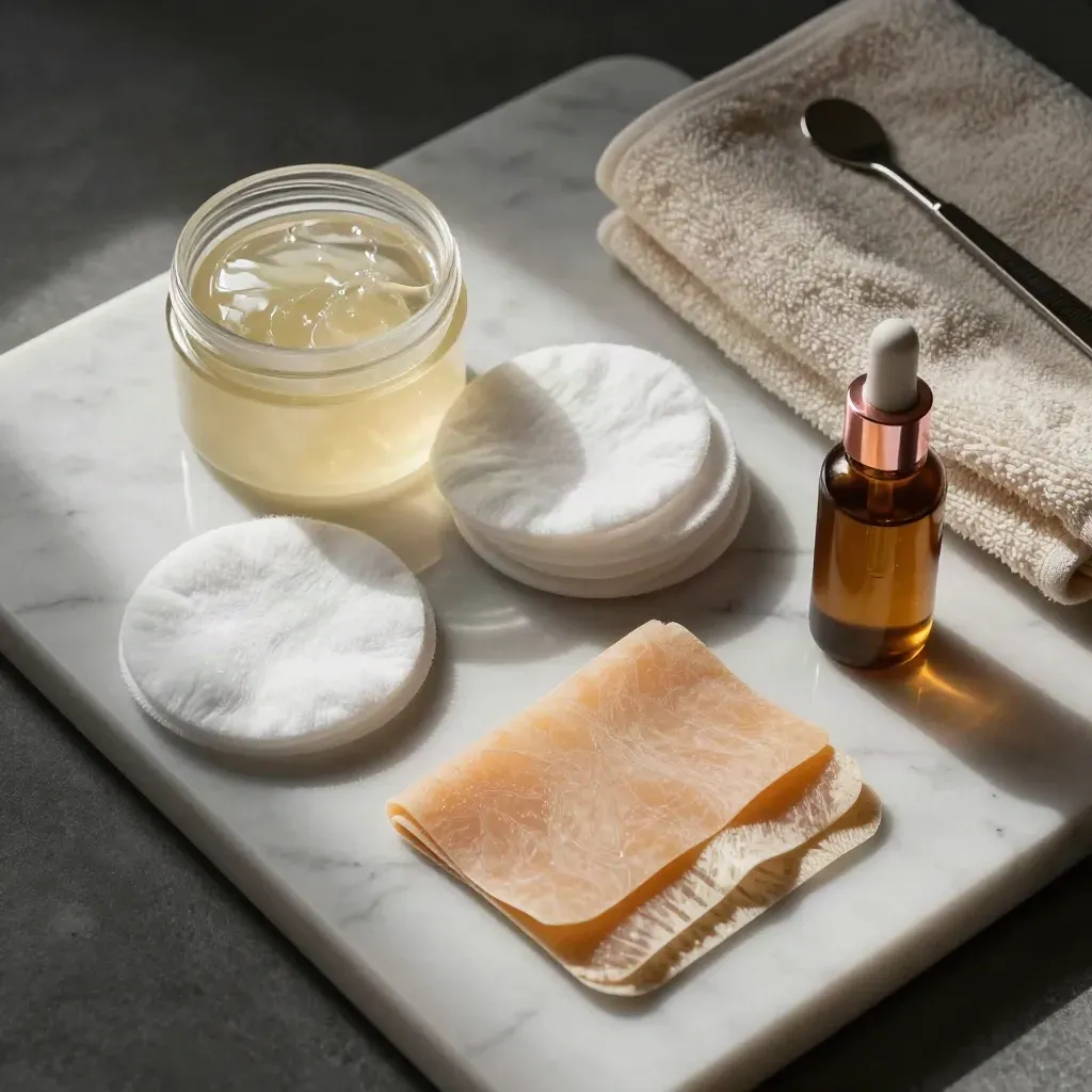 Waxing aftercare flatlay on marble with gel, cotton pads, compress, strips and oil