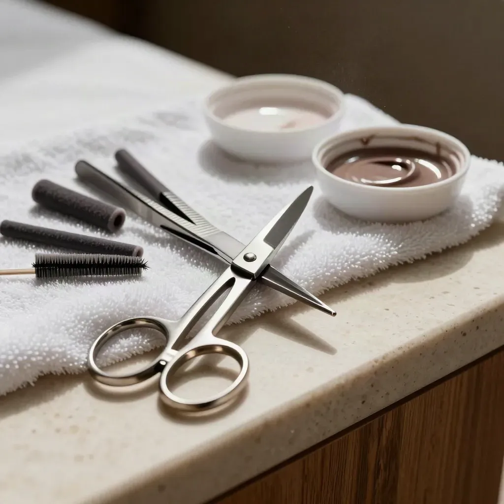 Brow and lash tools on an ivory towel with tweezers, scissors, spoolies, shields and tint bowls.