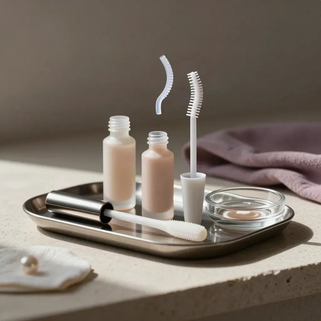 Macro side view of lash shields, lotions, spoolie and sealed mascara in a glass tray.