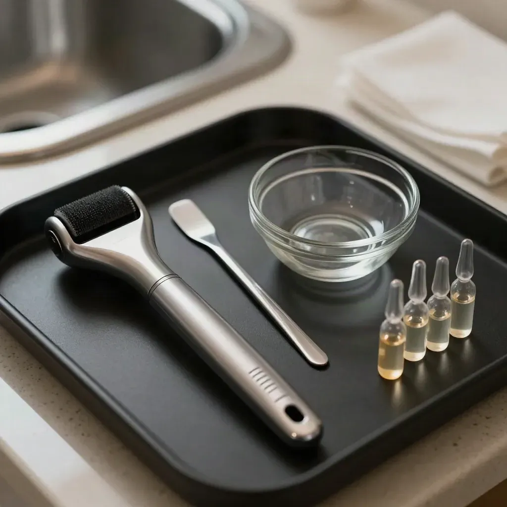 Macro still life of skincare tools, serum ampoules and mixing bowl on a dark treatment tray.