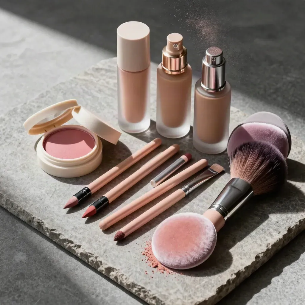 Overhead makeup still life with blush pots, bottles, lip pencils, brush and velvet puff on stone.