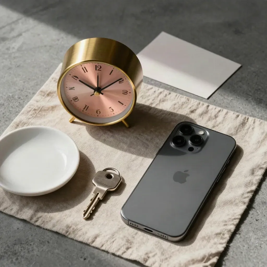 Overhead booking still life with brass clock, phone, key fob and ceramic dish on linen mat.
