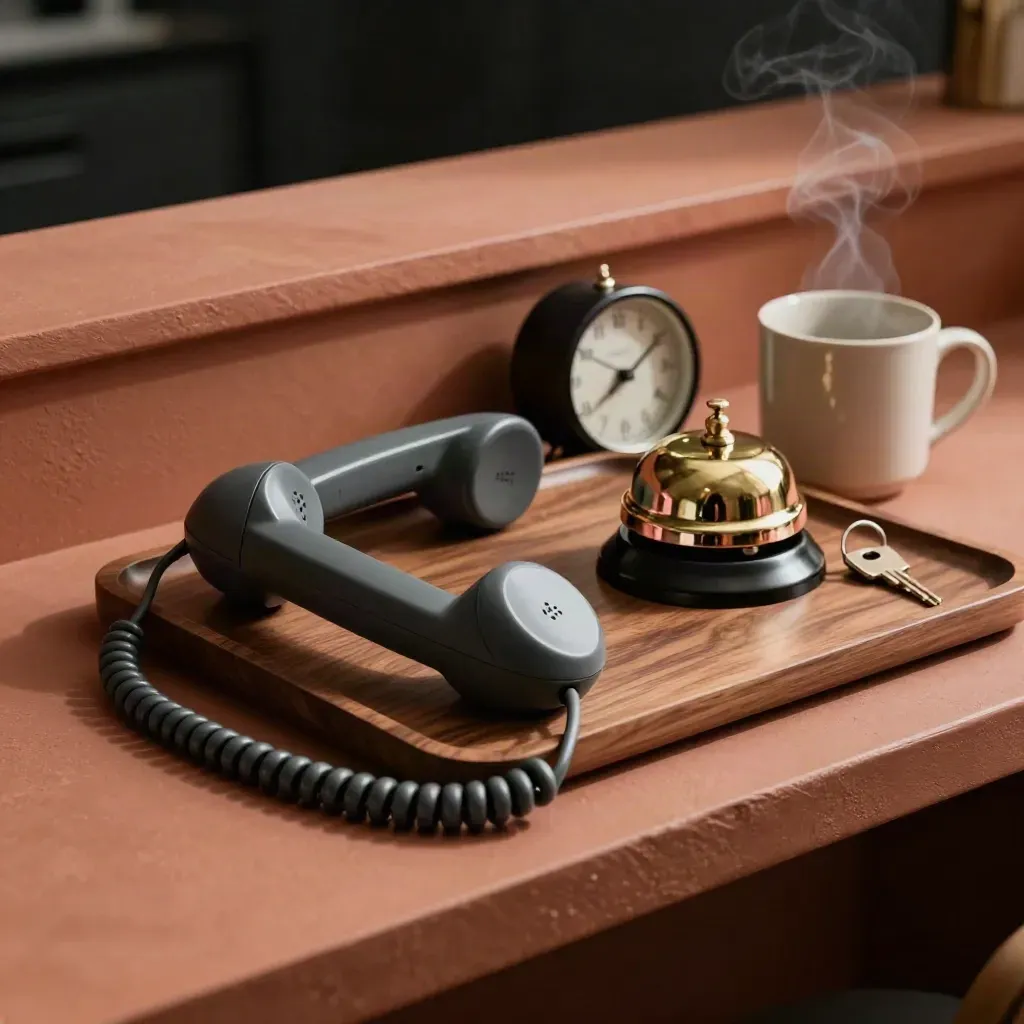 Corded handset, brass bell, desk clock, key ring and mug on a walnut tray.