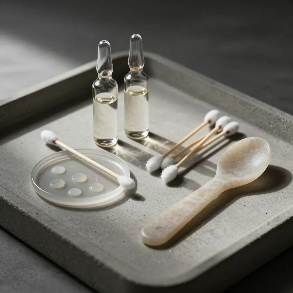 Ampoules, swabs, patch-test dots and a stone spoon on a concrete tray in cool light.