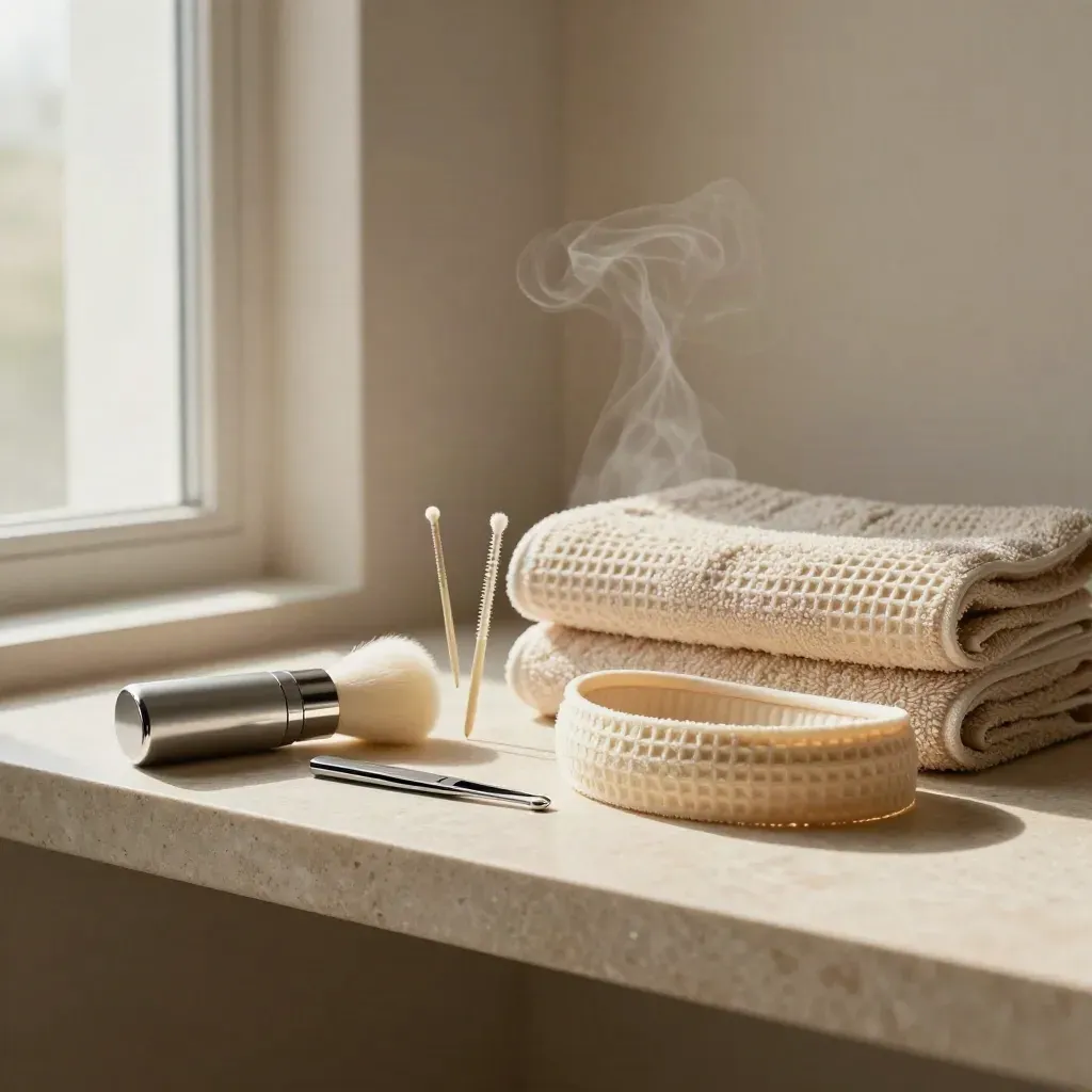 Vanity shelf with brushes, tweezers, spoolies, headband, and warm towels in soft side light.