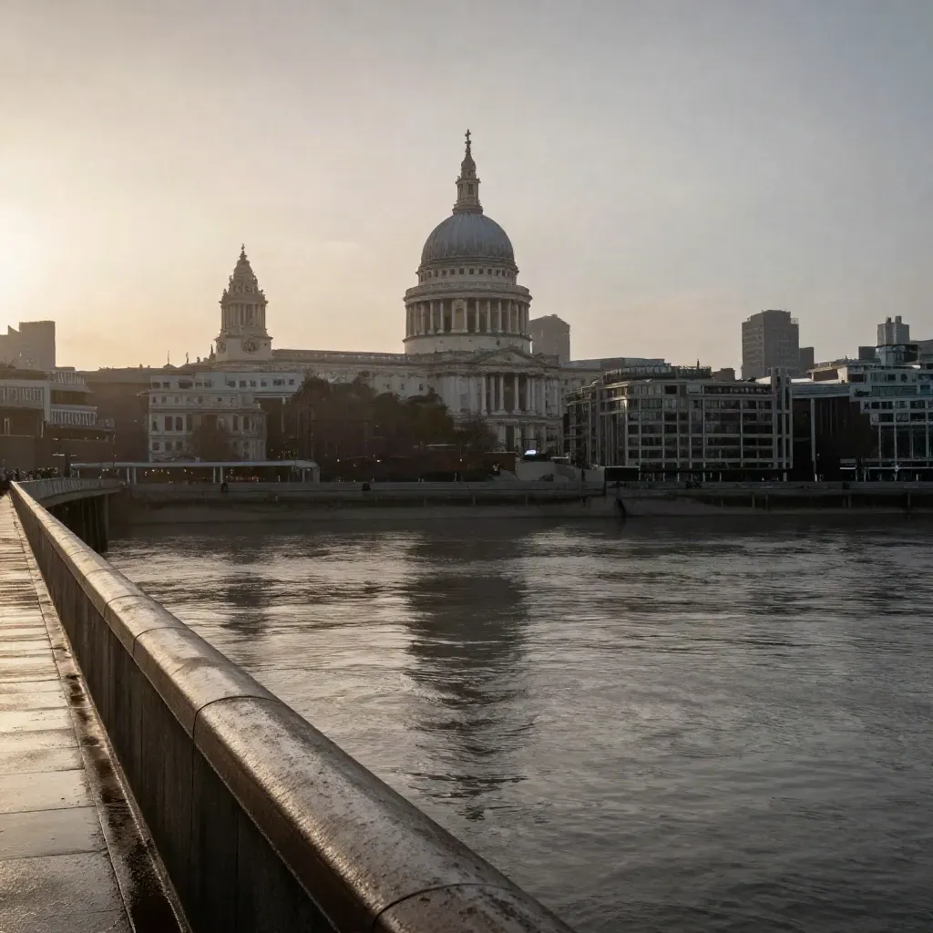 St Paul’s dome over misty Thames embankment at dusk, with calm water and warm haze.