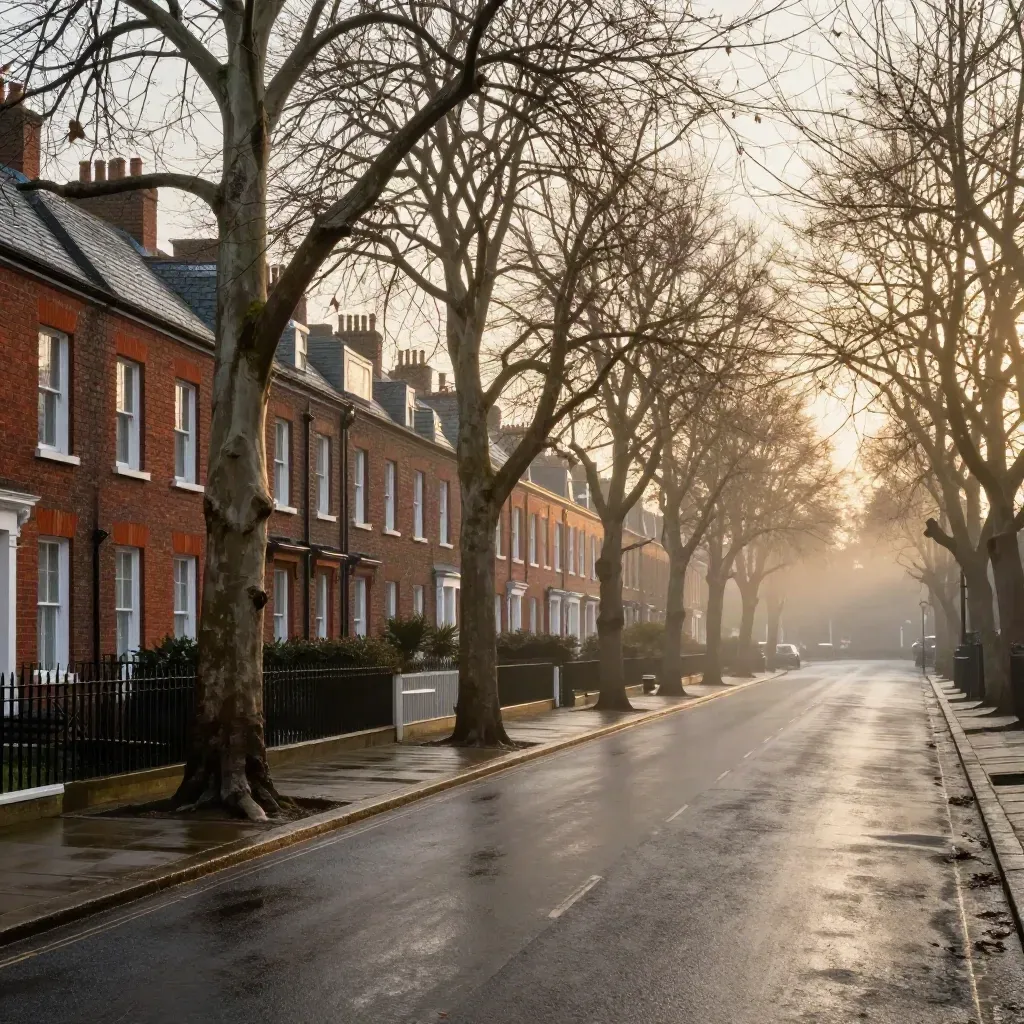 Tree-lined South London street of red-brick terraces in golden dawn haze
