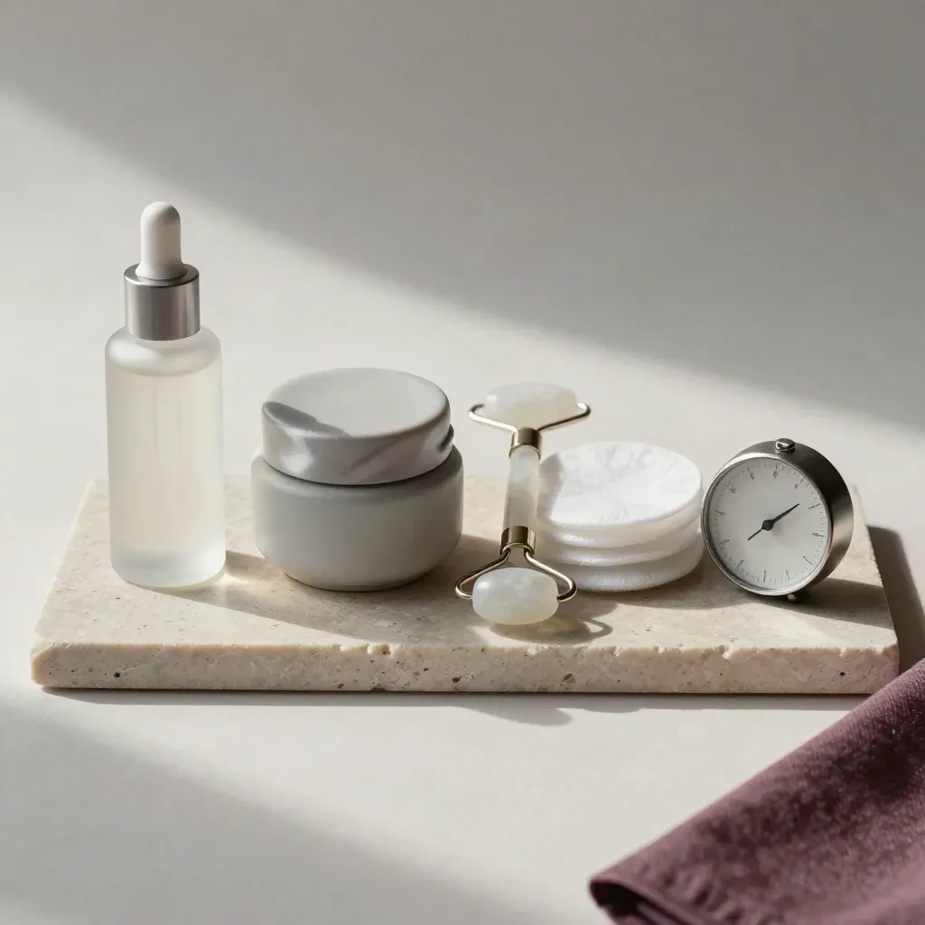 Aftercare serum, cream, roller, cotton rounds and timer arranged on pale stone