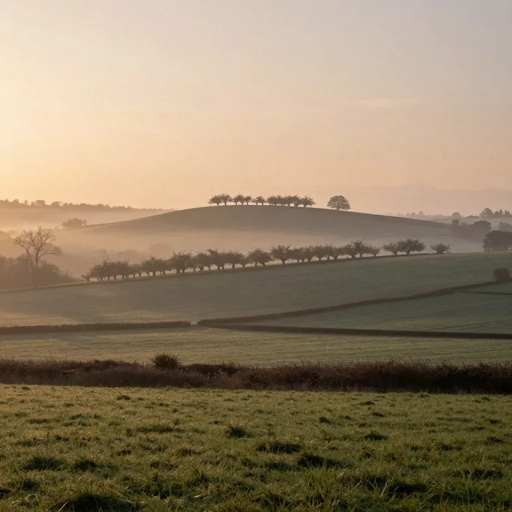 Misty chalk downs at sunrise with hedgerows and orchard lines under a pale sky.