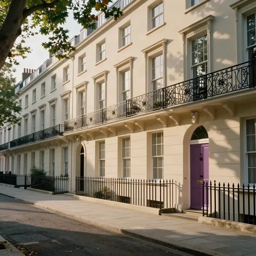 West London stucco terraces and balconies in warm late-afternoon haze